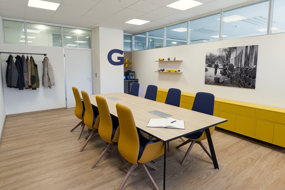 Moderner Konferenzraum mit einem großen Holztisch, gelben und dunkelblauen Stühlen, einem gelben Sideboard und einem großen blauen Buchstaben G an der Wand