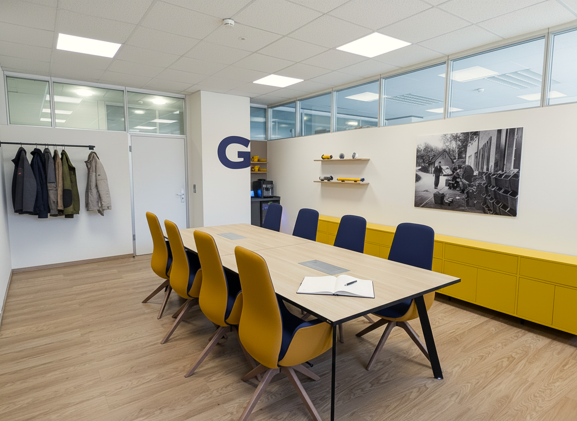 Moderner Konferenzraum mit einem langen Besprechungstisch, senfgelben und blauen Polsterstühlen sowie einem leuchtend gelben, integrierten Sideboard. Das architektonische Raumkonzept nutzt helle Wände mit einer verglasten Oberlicht-Front, einen hellen Holzboden, eine Garderobenstange und ein blaues „G“-Wandbranding neben einer Kaffeestation im Hintergrund